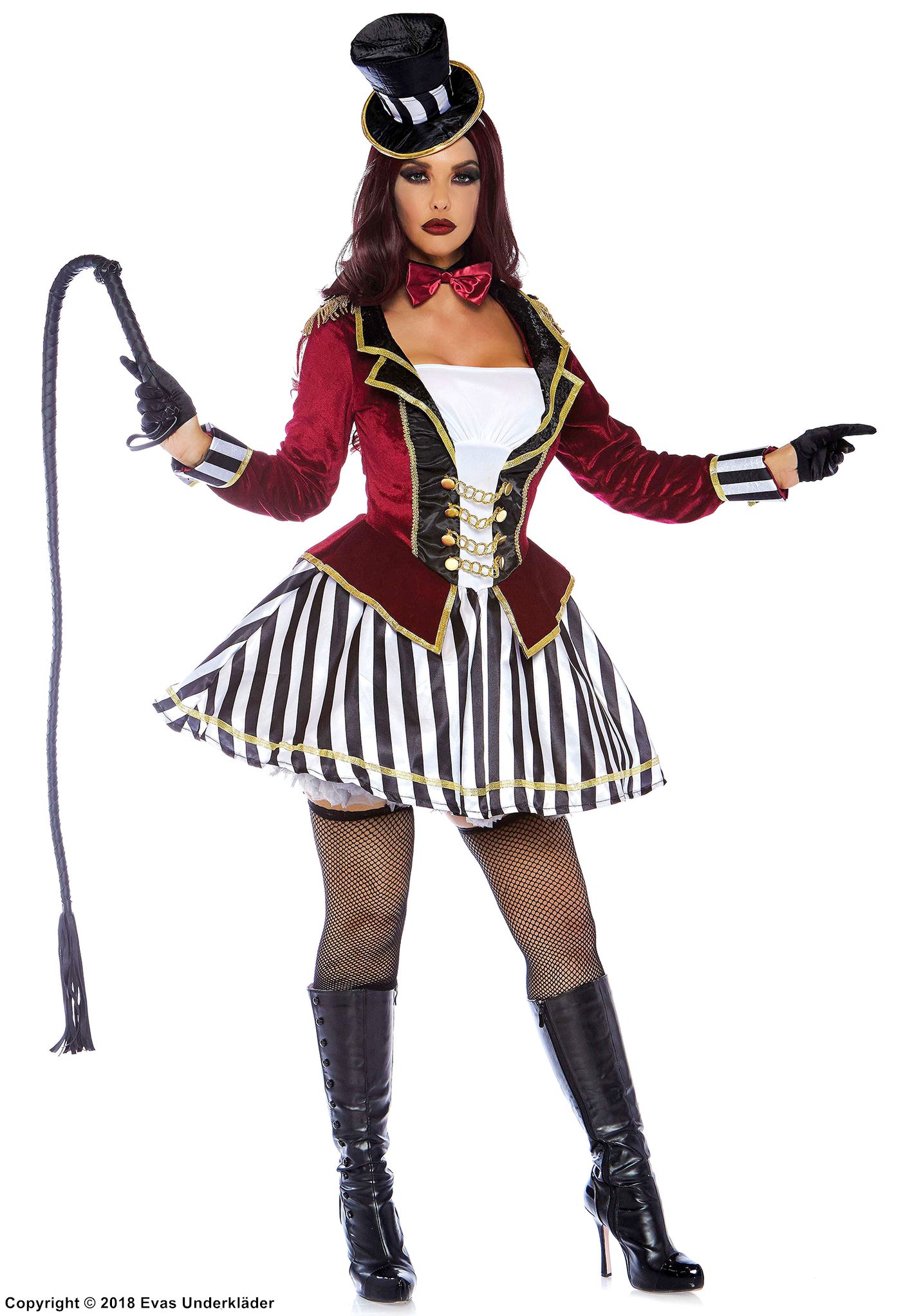 Female circus ringmaster, costume dress, sequins, long sleeves, velvet, vertical stripes